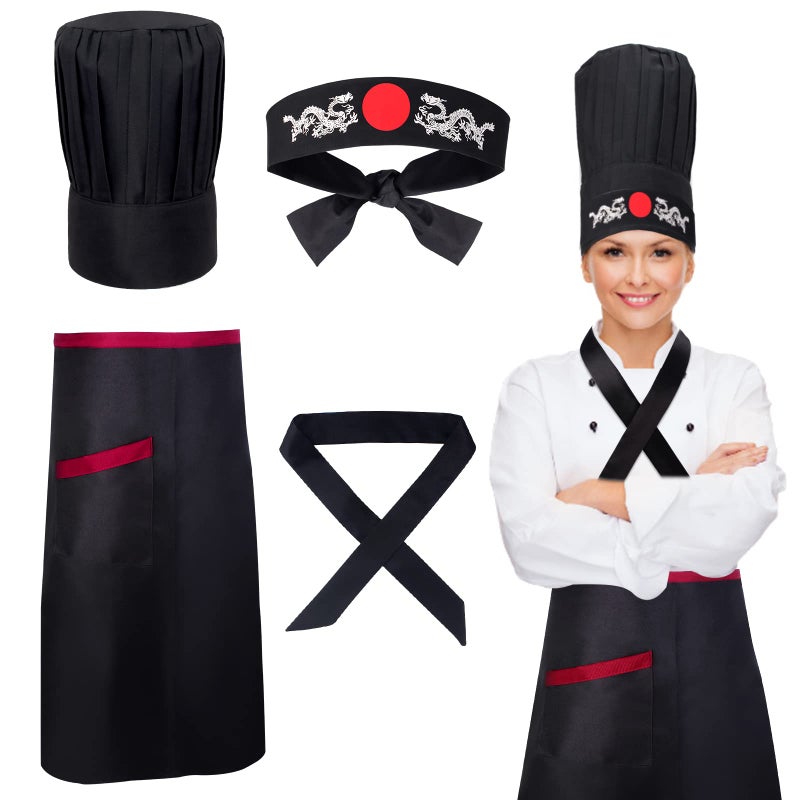 Keymall Hibachi Chef Tall Hat and Apron Costume Set with Headband Tie for Japanese Cuisine Lovers and Hibachi Enthusiasts - Image 1